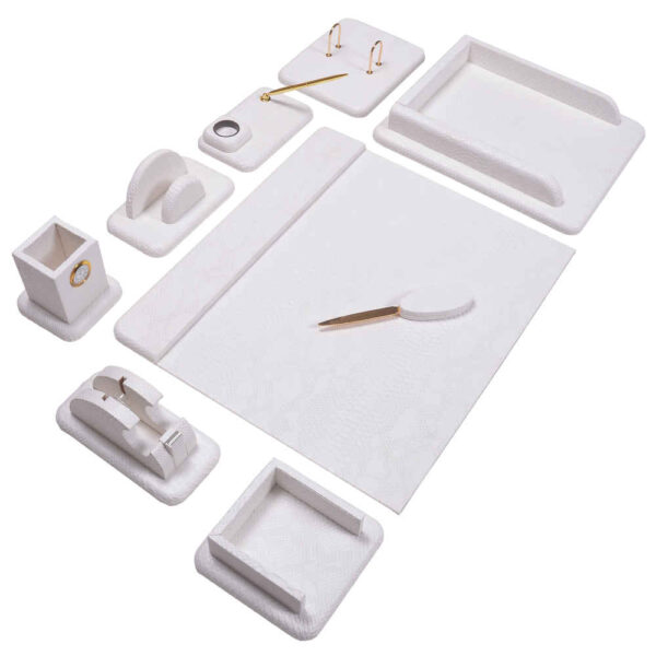 White Leather Office Desk Set - 10-Piece Collection
