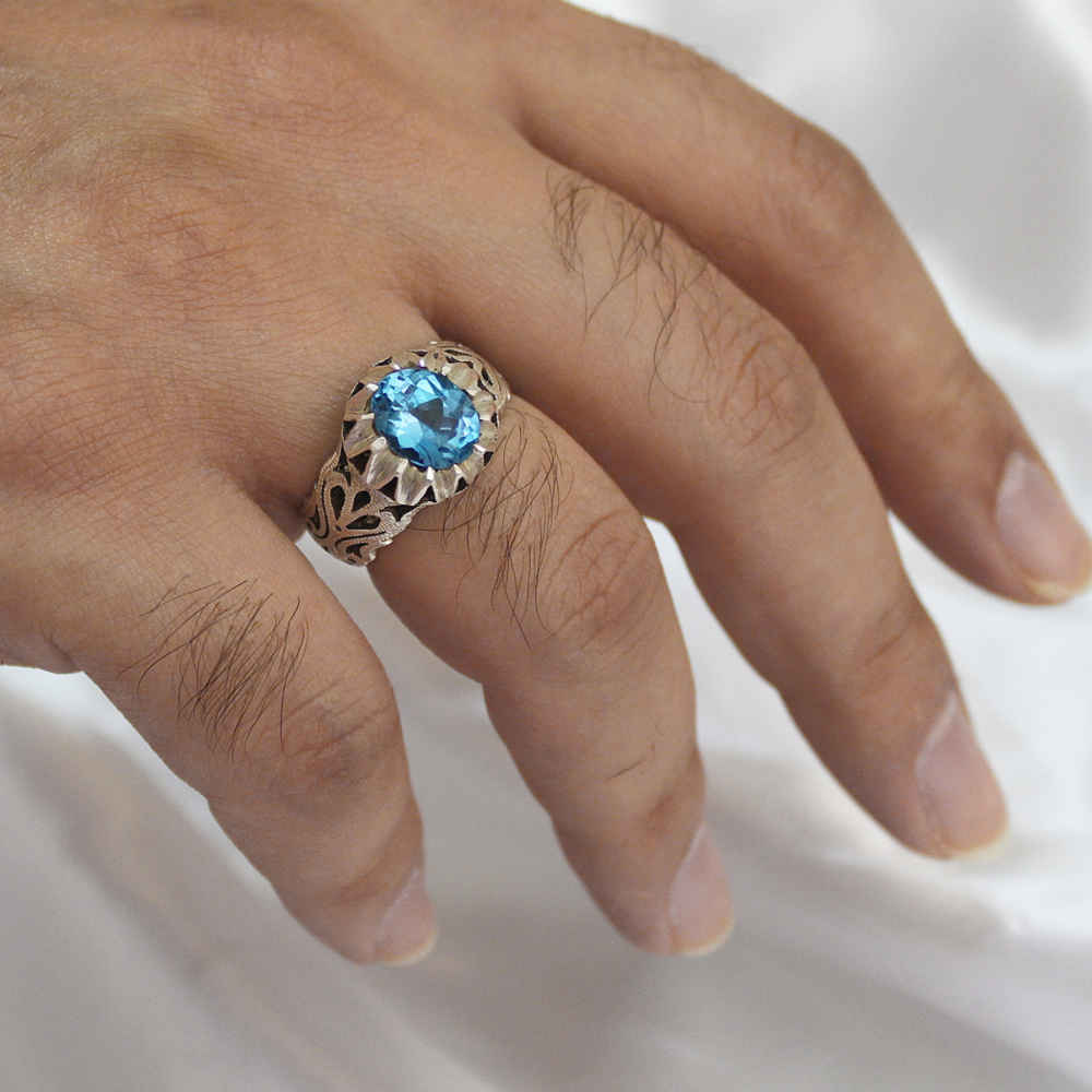 Persian Blue Topaz Silver Ring for Men Rekab