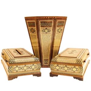 Khatam Wooden Waste Basket Set Model Golden