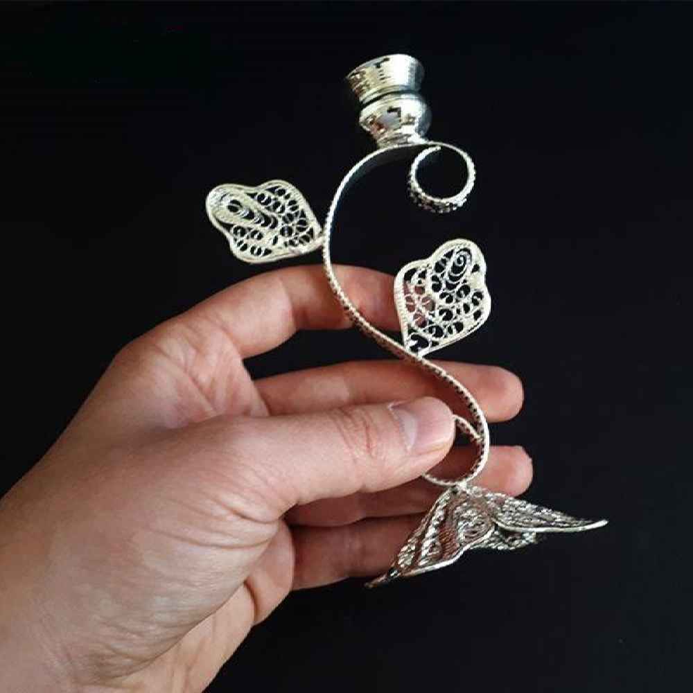 Persian Filigree Candlestick Copper Coated with Silver Golbarg (x2)