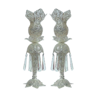 Persian Filigree Candlestick Copper Coated with Silver Negar (2x)