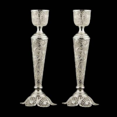 Persian Filigree Candlestick Copper Coated with Silver Rose (x2)