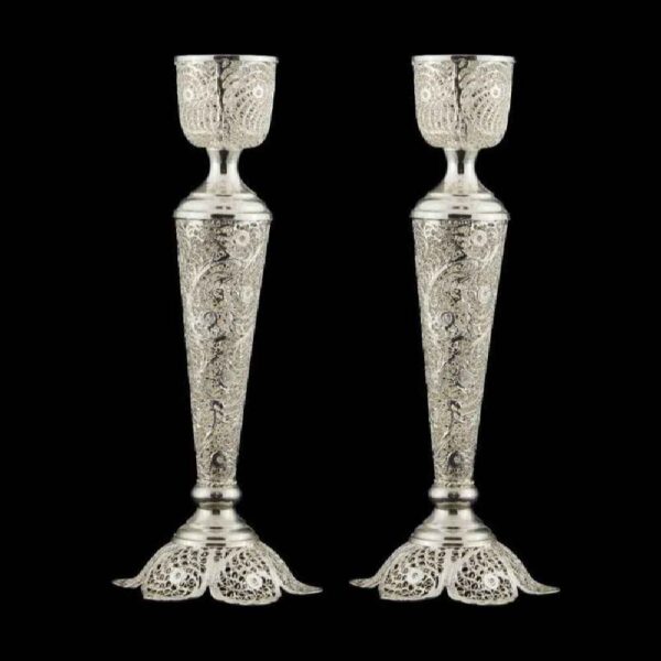 Persian Filigree Candlestick Copper Coated with Silver Rose (x2)