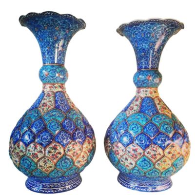 Set of 2 Decorative Copper Vase Hand-Painted with Persian Minakari Enamel Ana