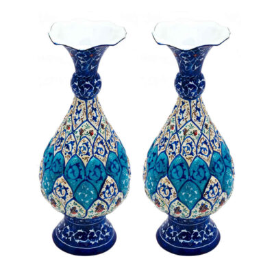Set of 2 Decorative Copper Vase Hand-Painted with Persian Minakari Enamel Elima