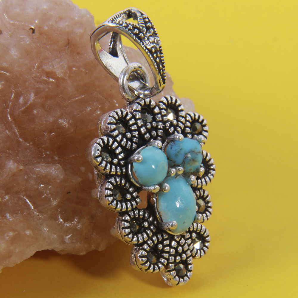 Persian Silver Pendant with Turquoise Gemstone Dena