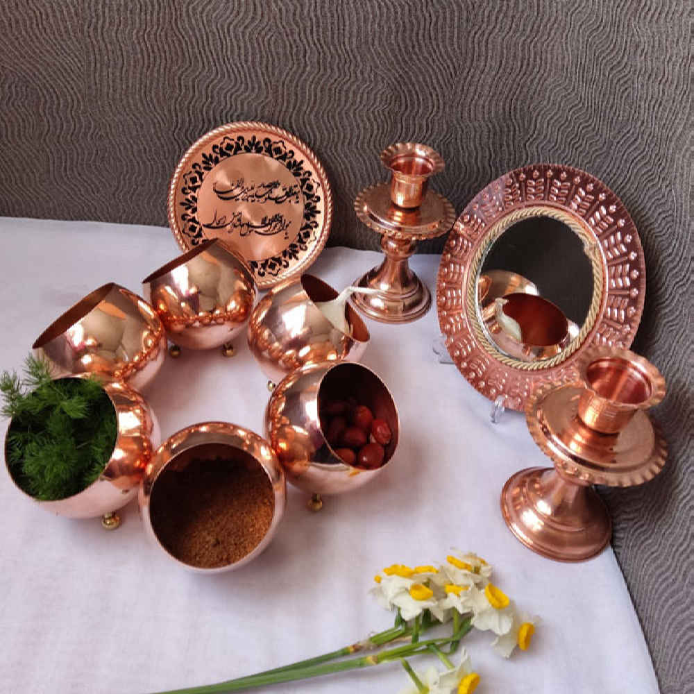 Copper Haftseen Set Dishes with Mirror suitable for Nowruz Haleh