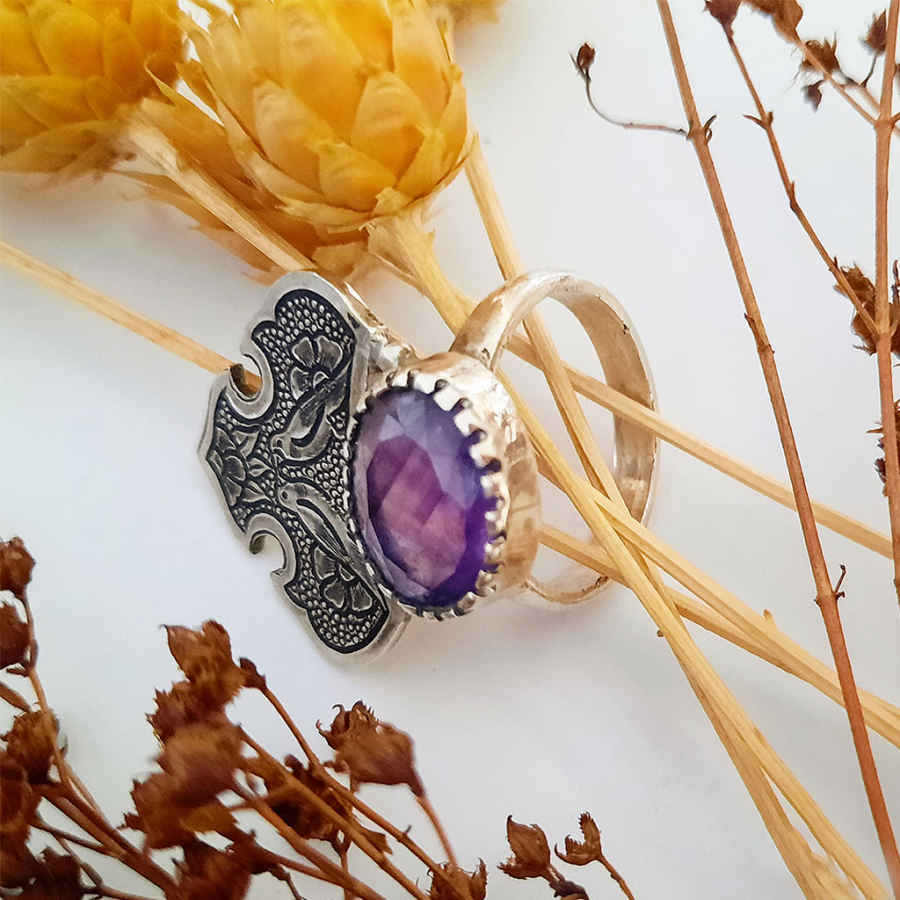 Traditional Persian Purple Amethyst Silver Ring For Women
