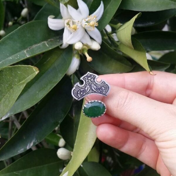 Persian Silver Ring with Jade Gemstone for Women