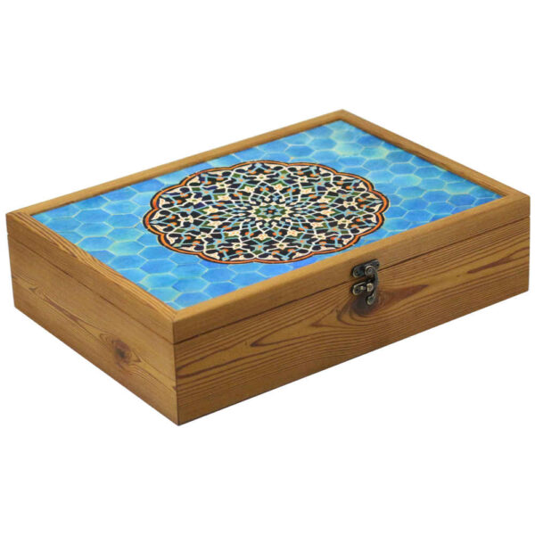Tile Motif Tea Organizer – Wooden Box with Compartments