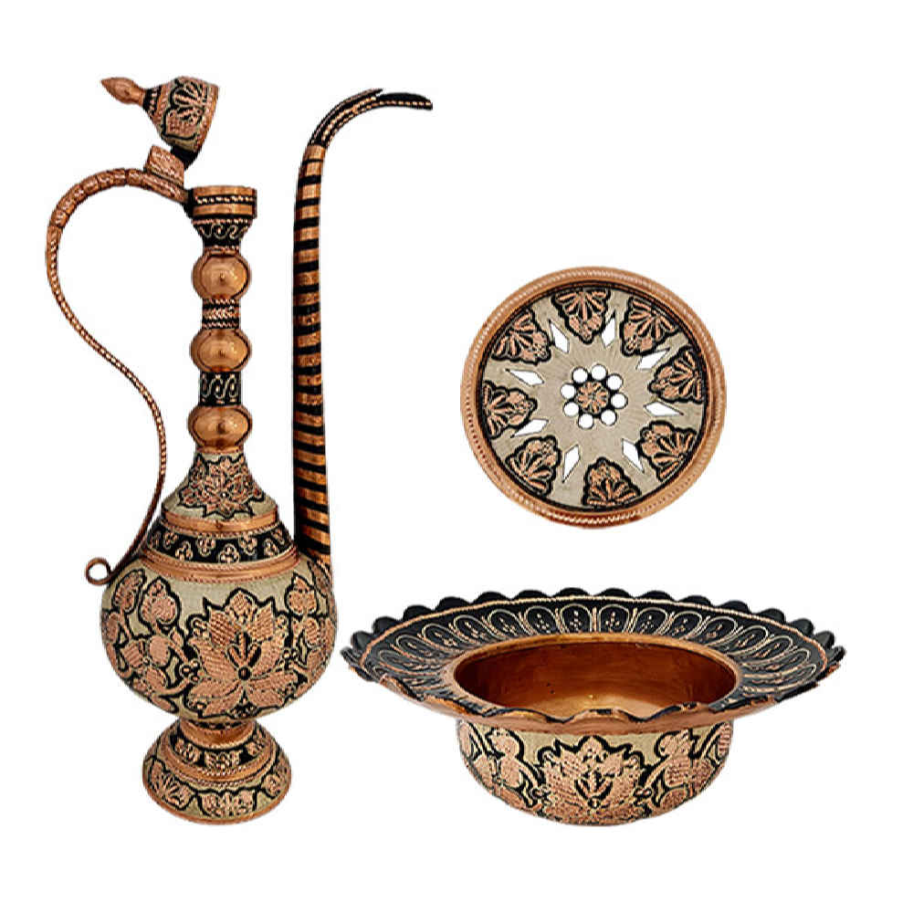 Decorative Persian Copper Aftabeh with Basin Bowl