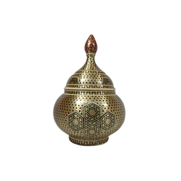 Handcrafted Persian Copper Sugar Bowl Decorated with Khatam Marquetry Art Ghandoon