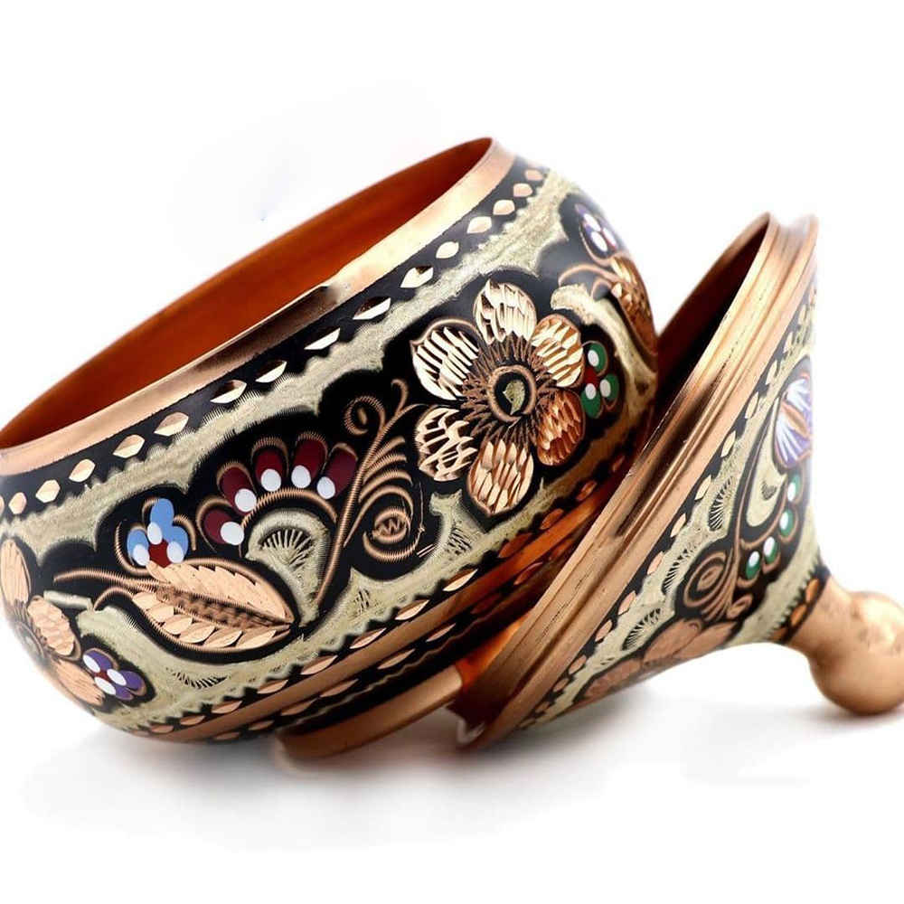 Handcrafted Persian Copper Sugar Bowl with Lid – Minakari Enameled Lana