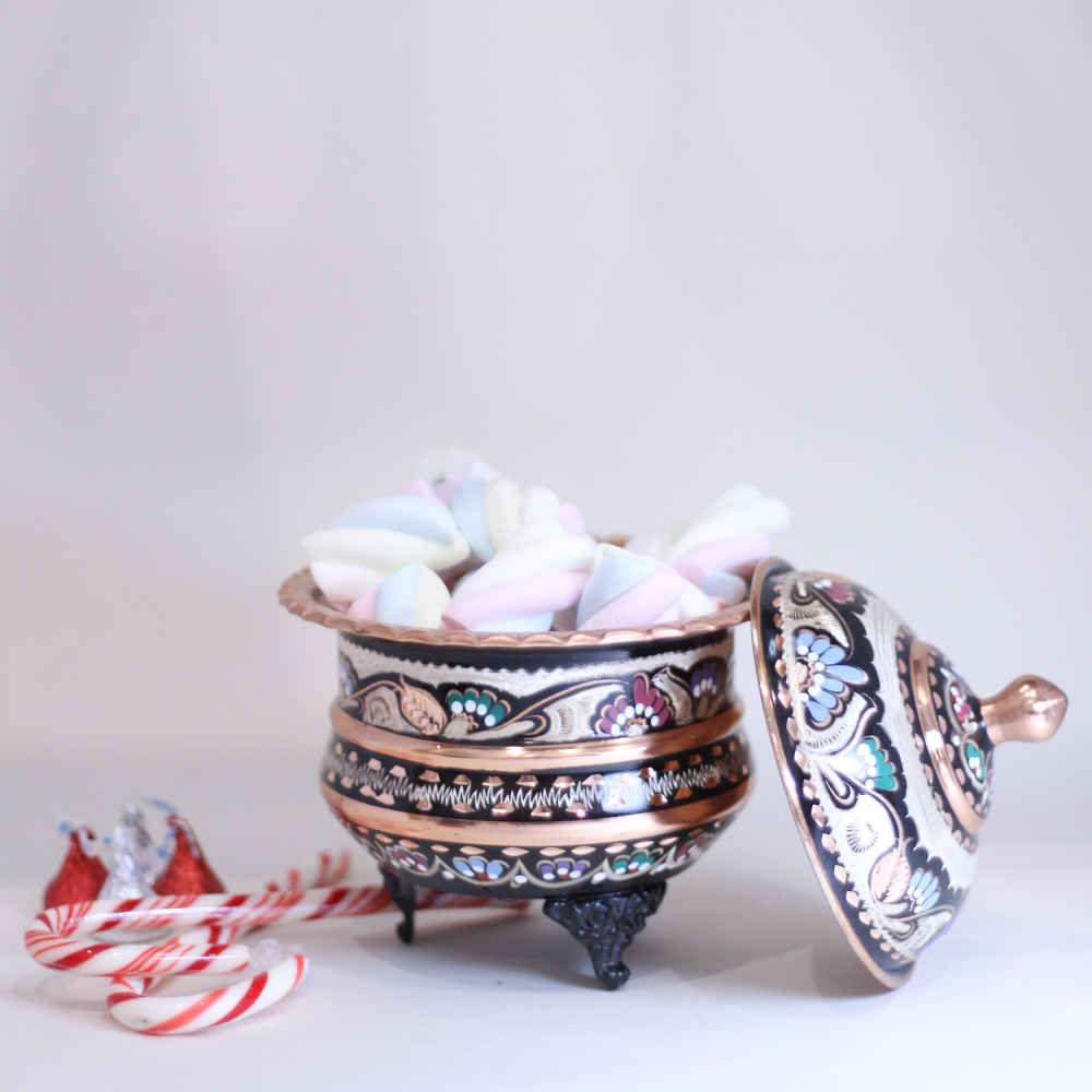 Handcrafted Persian Copper Sugar Bowl with Lid – Minakari Enameled Mehran