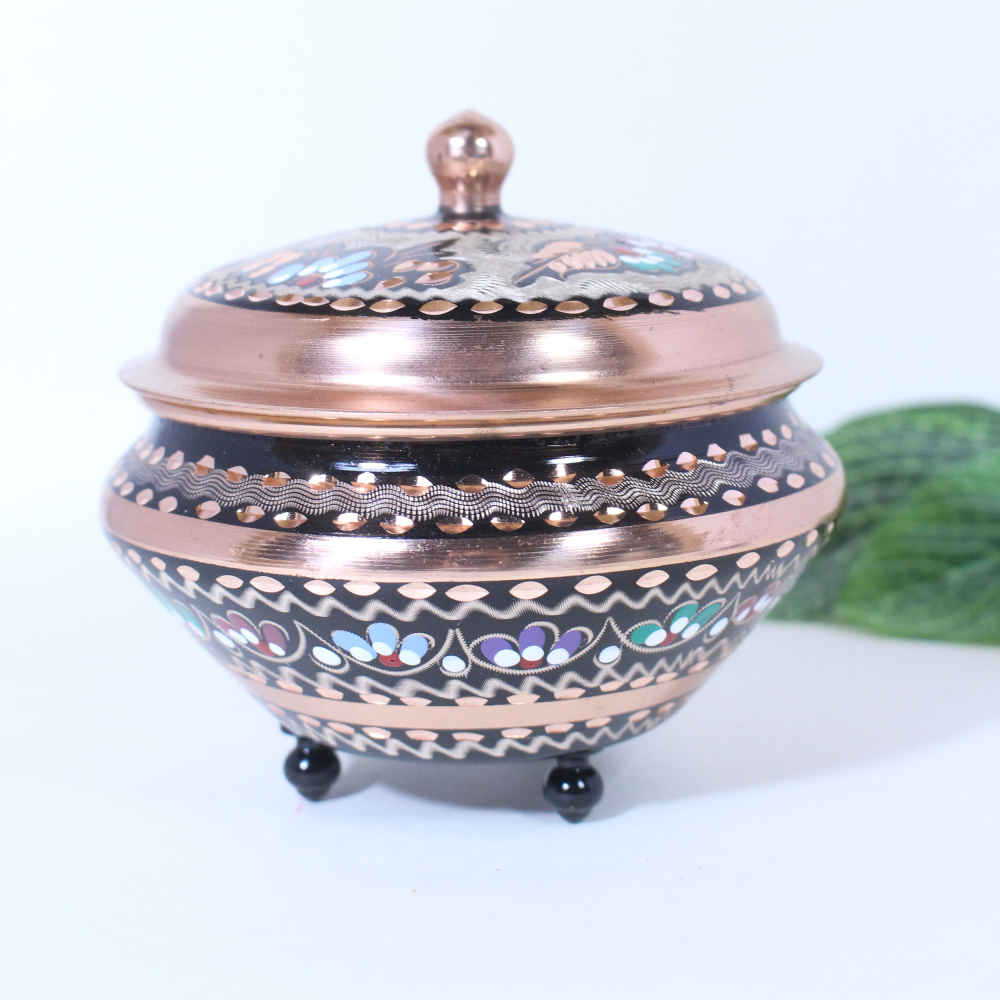 Handcrafted Persian Copper Sugar Bowl with Lid – Minakari Enameled Royan