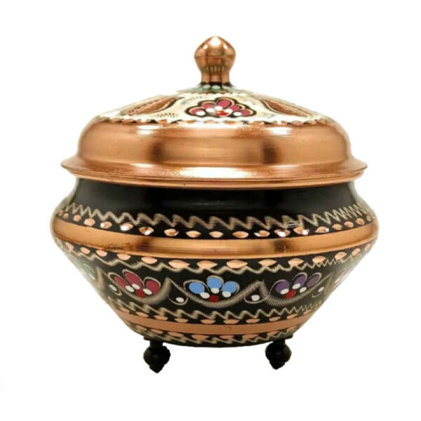 Handcrafted Persian Copper Sugar Bowl with Lid - Minakari Enameled Royan