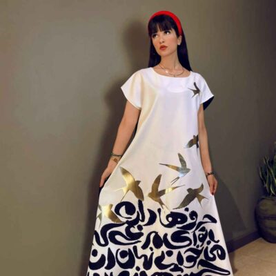 Women’s Fashion Short Sleeves Dress with Bird & Calligraphy Design Model Harf ha