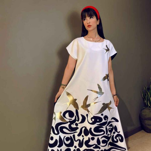 Women's Fashion Short Sleeves Dress with Bird & Calligraphy Design Model Harf ha