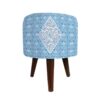 Round Velvet Footstool with Wooden Legs Inspired by Persian Art Blue Calligraphy