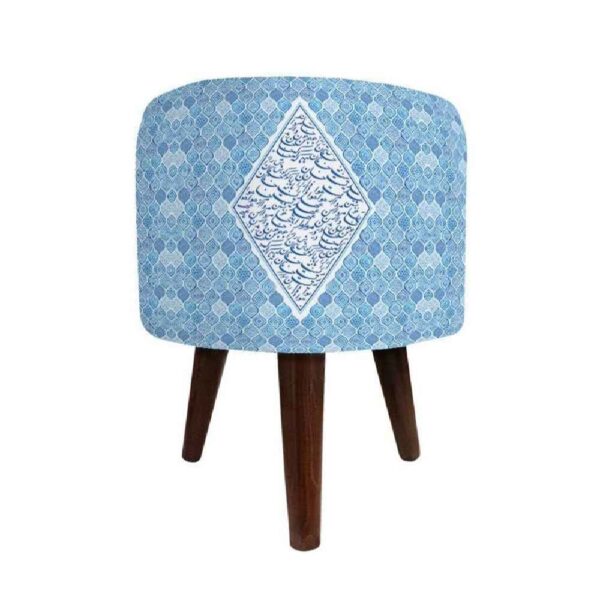 Round Velvet Footstool with Wooden Legs Inspired by Persian Art Blue Calligraphy
