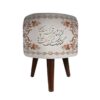 Round Velvet Footstool with Wooden Legs Inspired by Persian Art Gray Calligraphy