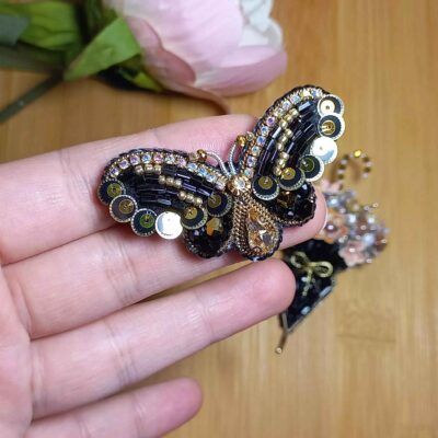 Handmade Feminine Beaded Brooch Pin – Black Butterfly Model