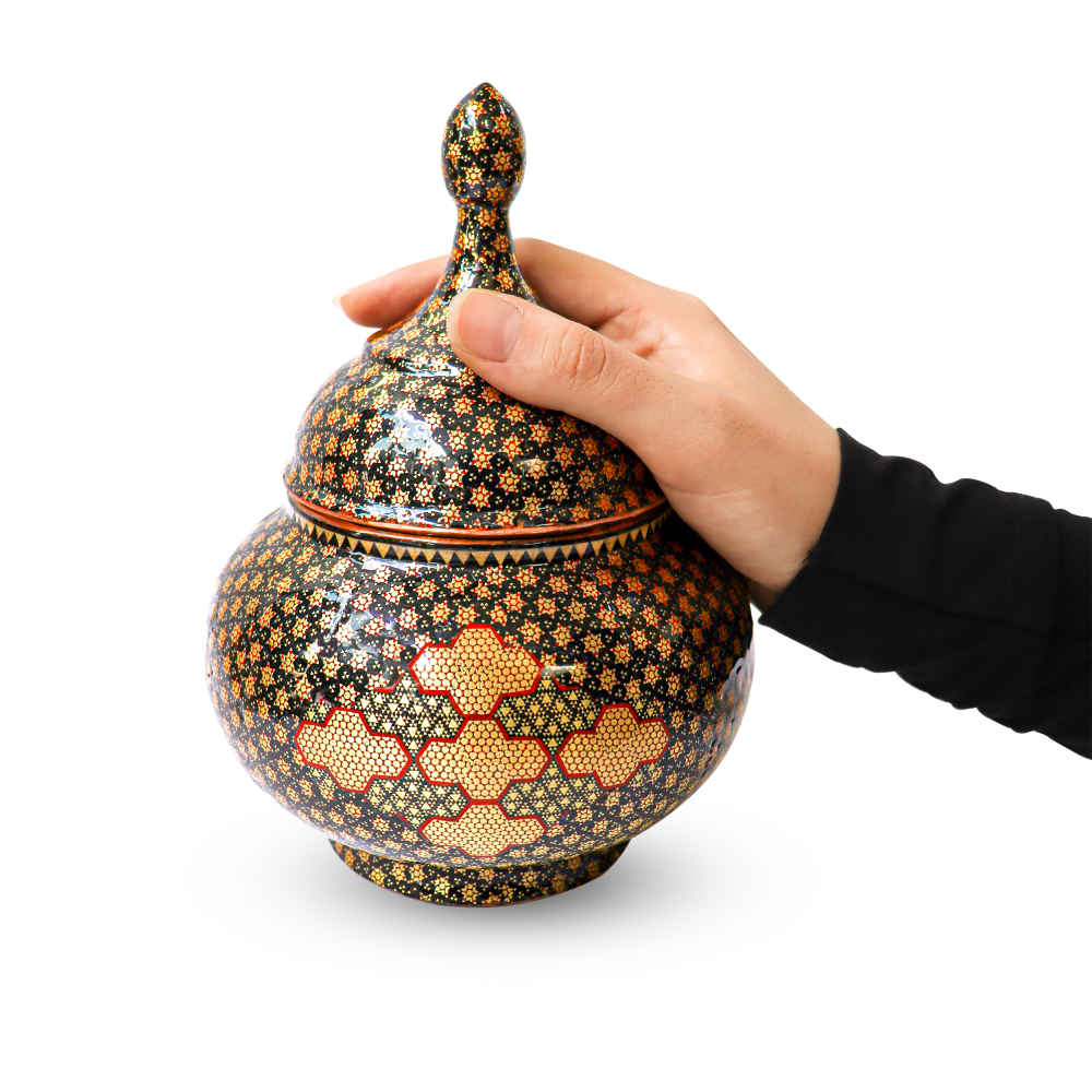 Handcrafted Persian Copper Sugar Bowl Decorated with Khatam Marquetry Art Darksaam