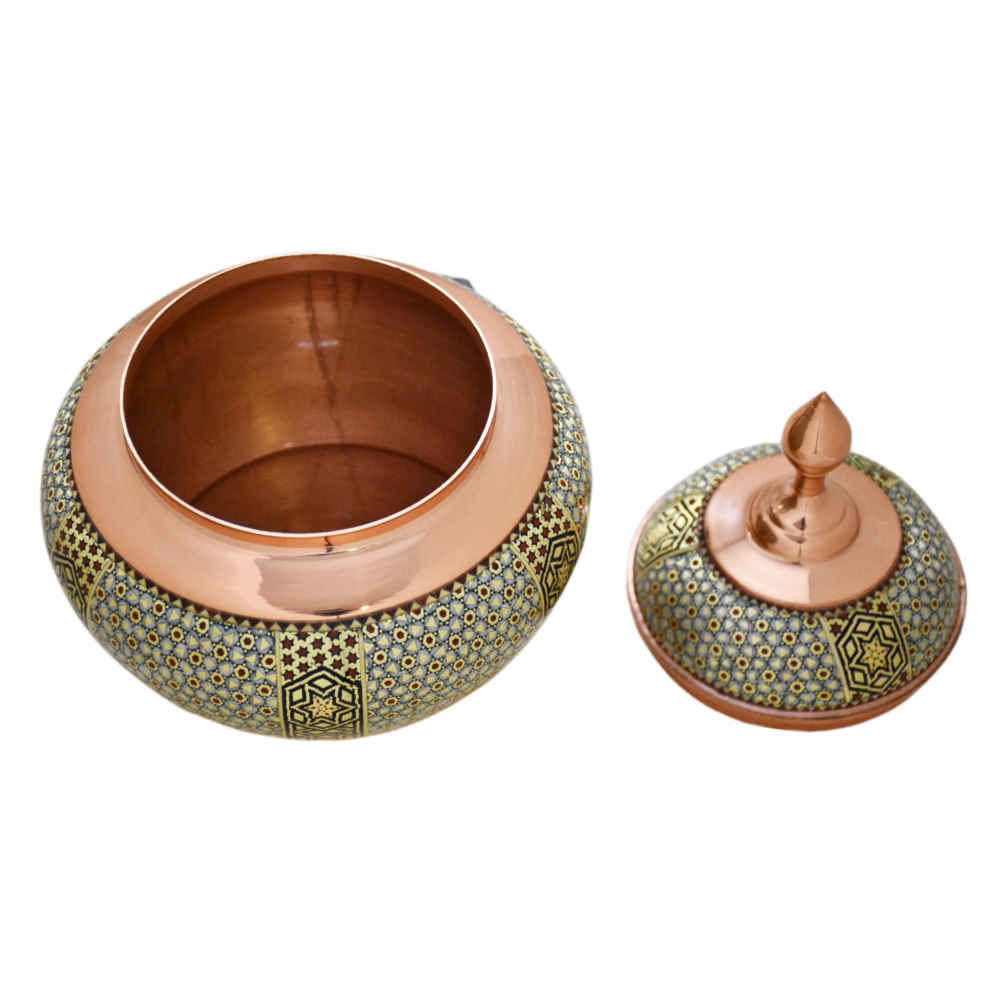 Handcrafted Persian Copper Sugar Bowl Decorated with Khatam Marquetry Art Farnam