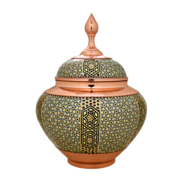 Handcrafted Persian Copper Sugar Bowl Decorated with Khatam Marquetry Art Farnam