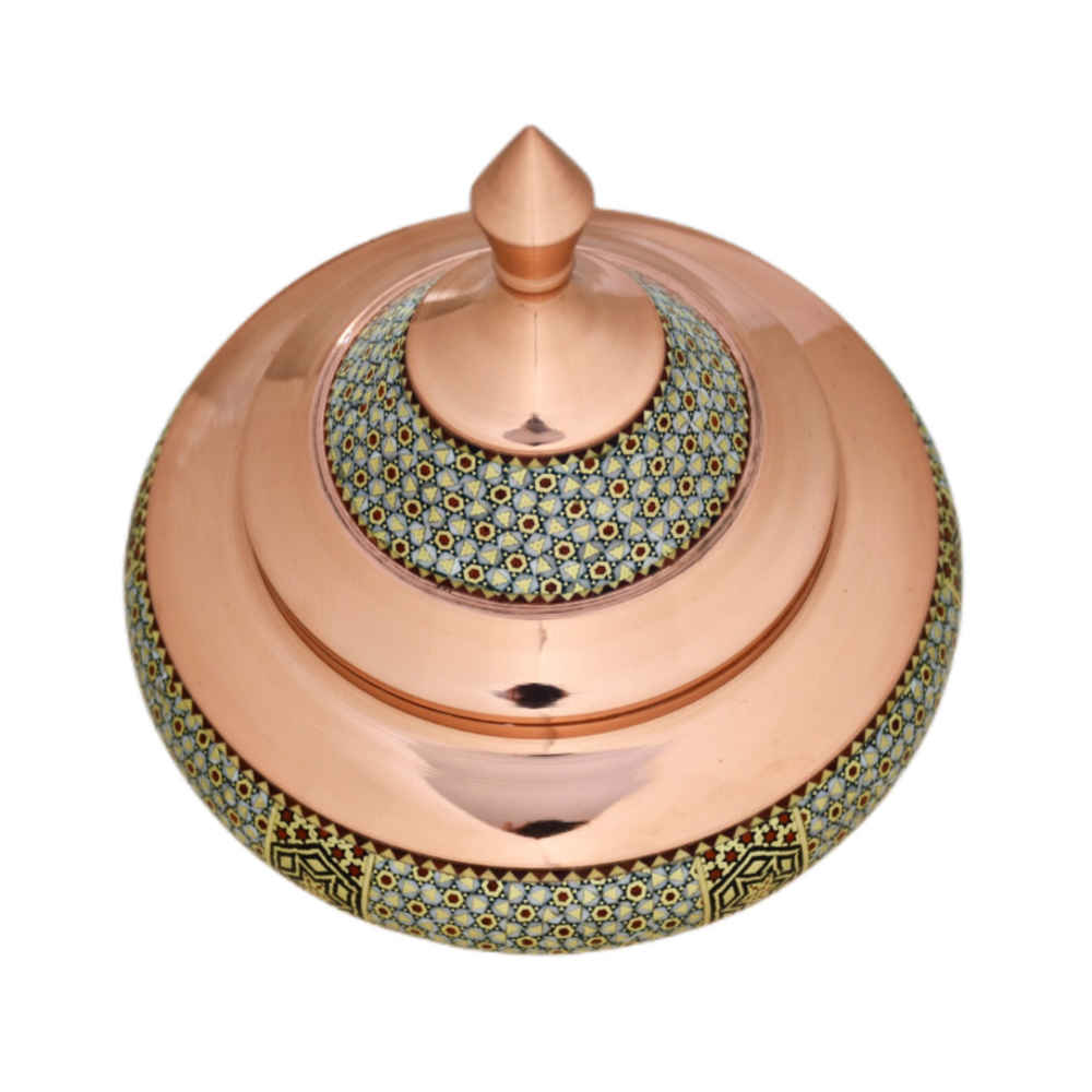 Handcrafted Persian Copper Sugar Bowl Decorated with Khatam Marquetry Art Safinei