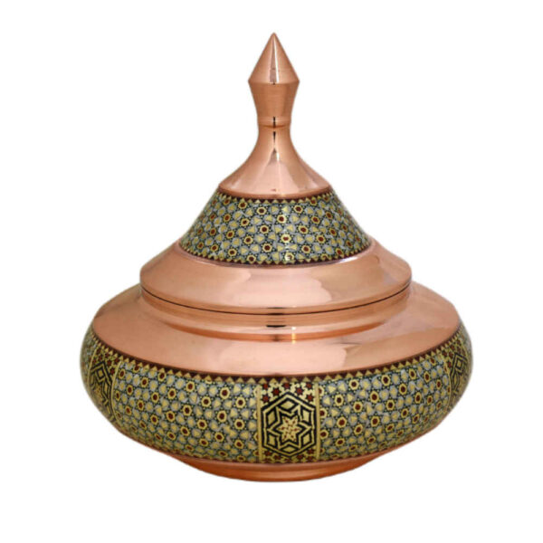Handcrafted Persian Copper Sugar Bowl Decorated with Khatam Marquetry Art Safinei