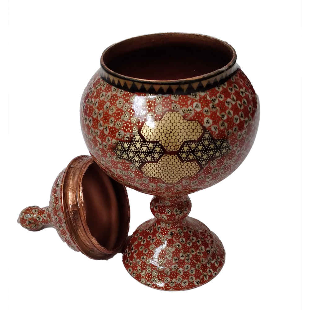 Handcrafted Persian Copper Sugar Bowl Decorated with Khatam Marquetry Art Salva