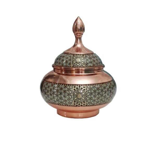 Handcrafted Persian Copper Sugar Bowl Decorated with Khatam Marquetry Art Tanaz