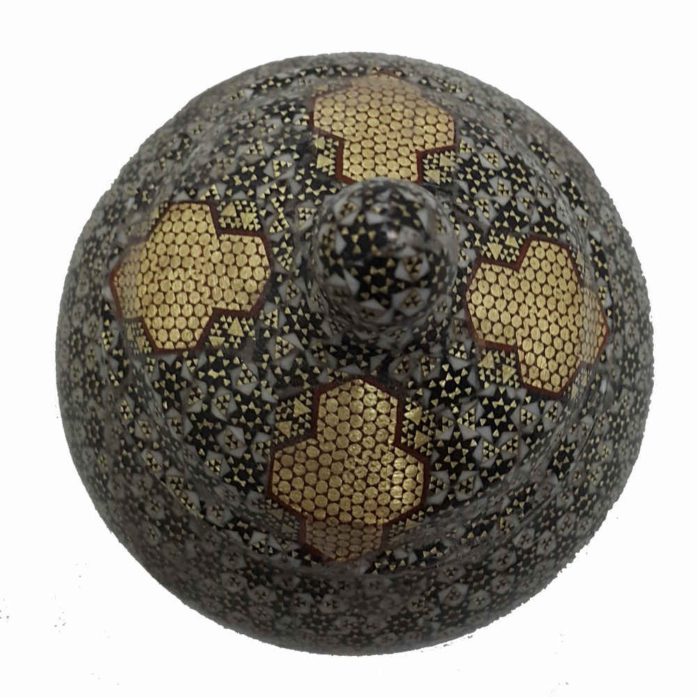 Handcrafted Persian Copper Sugar Bowl Decorated with Khatam Marquetry Art Tashrifat