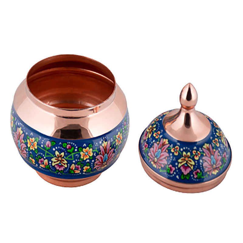 Handcrafted Persian Copper Sugar Bowl with Lid – Minakari Enameled Flowers
