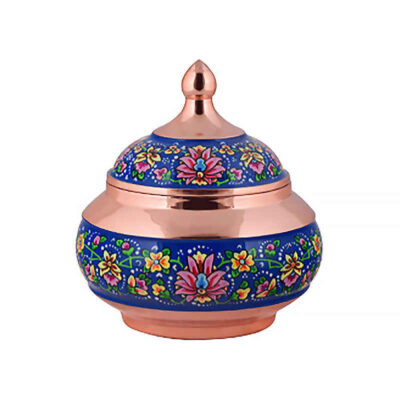 Handcrafted Persian Copper Sugar Bowl with Lid – Minakari Enameled Flowers