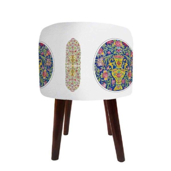Round Velvet Footstool with Wooden Legs Inspired by Persian Art White Abra