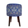Round Velvet Footstool with Wooden Legs Inspired by Persian Art Blue Borna