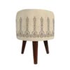 Round Velvet Footstool with Wooden Legs Inspired by Persian Art Cream Eslimi