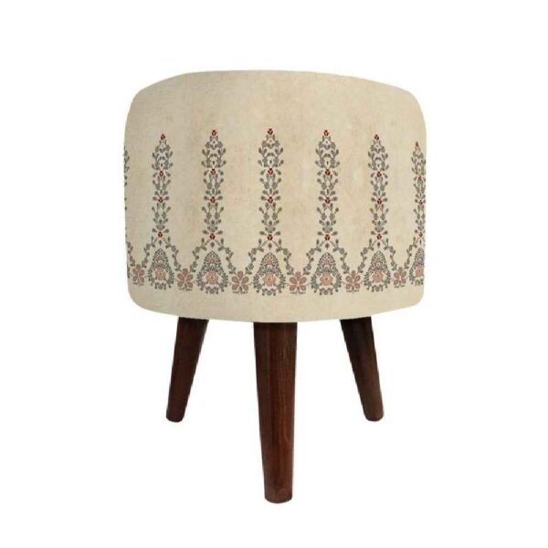 Round Velvet Footstool with Wooden Legs Inspired by Persian Art Cream Eslimi