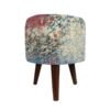 Round Velvet Footstool with Wooden Legs Inspired by Persian Art Gray Patina