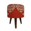 Round Velvet Footstool with Wooden Legs Inspired by Persian Art Red Sorkhab