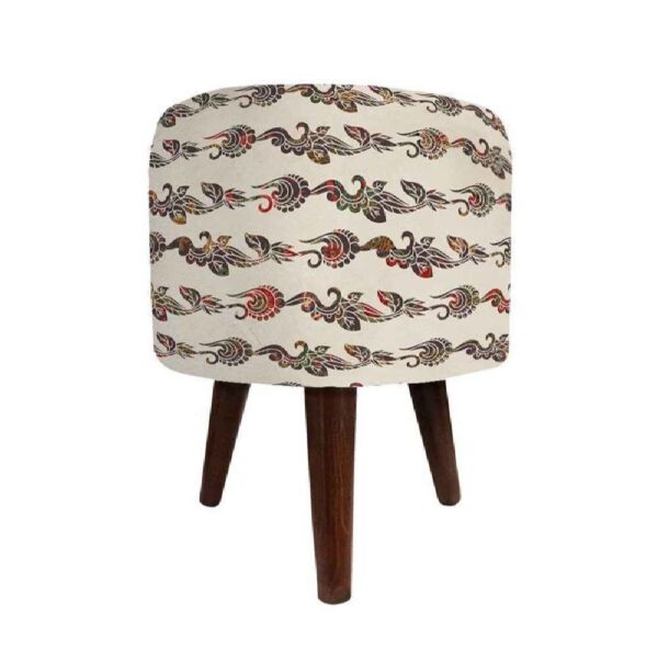 Round Velvet Footstool with Wooden Legs Inspired by Persian Art White Tamana