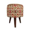 Round Velvet Footstool with Wooden Legs Inspired by Persian Art Cream Tile