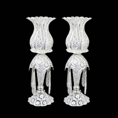 Persian Filigree Candlestick Copper Coated with Silver Jam (2x)