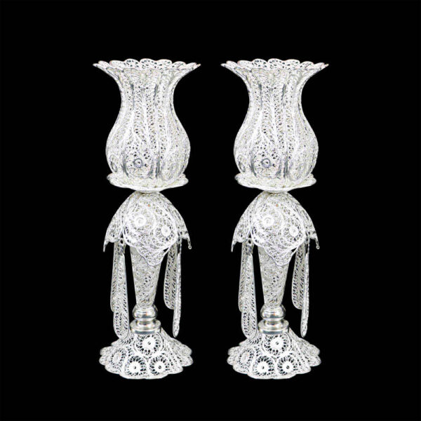 Persian Filigree Candlestick Copper Coated with Silver Jam (2x)