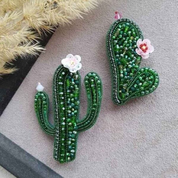 Set of 2 Handmade Feminine Beaded Brooch Pins – Cactus Model