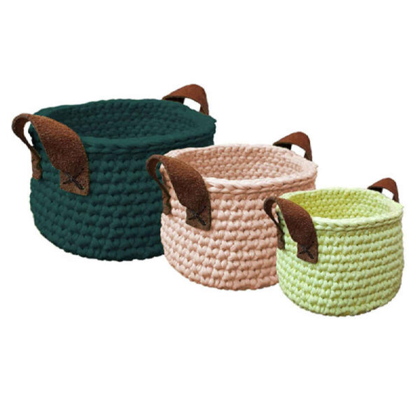 Set of 3 Crochet Storage Baskets Yarn With Handles