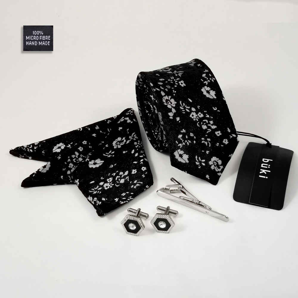 Men’s Tie, Handkerchief & Cufflinks Neckwear Set – Luxurious Flower