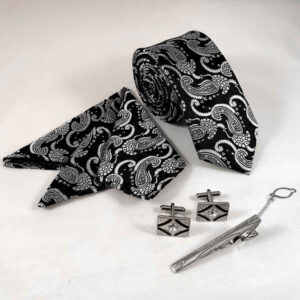 Black Paisley Tie, Tie Clip, Handkerchief & Cufflinks